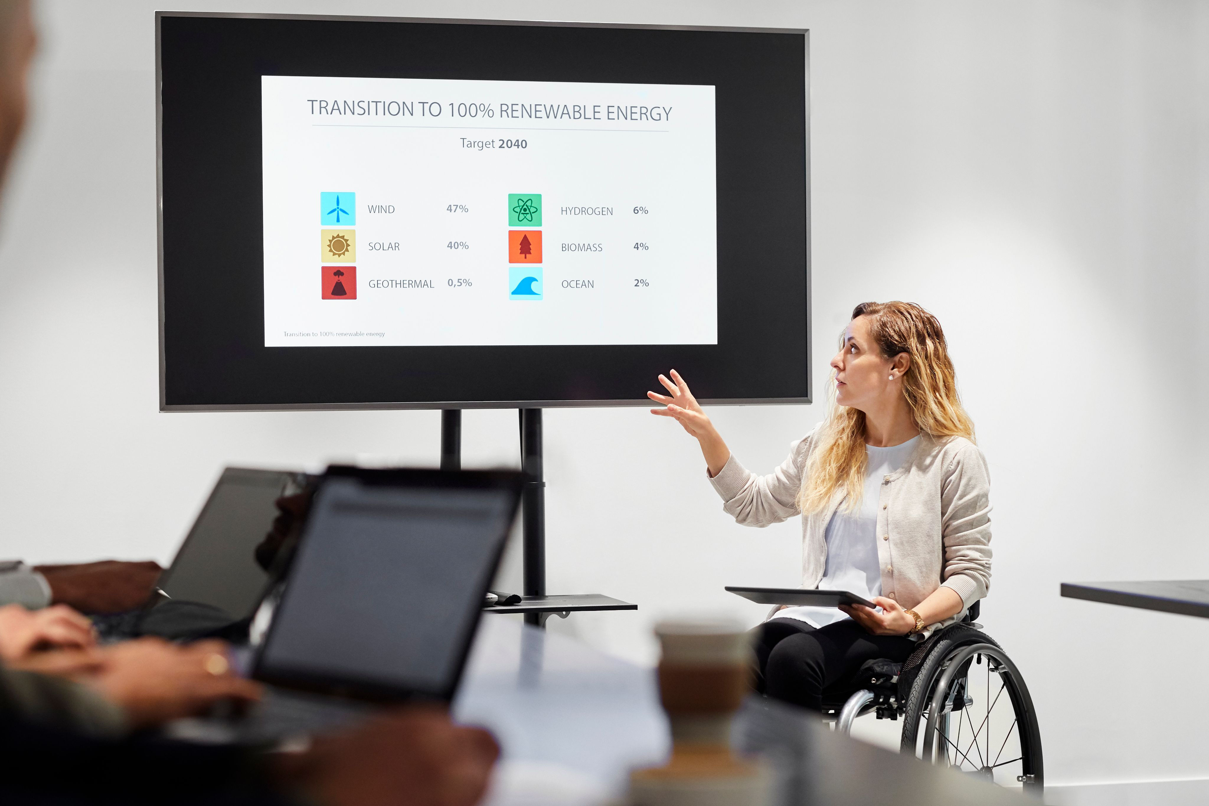 Woman sharing Renewable energy graphic in office meeting setting